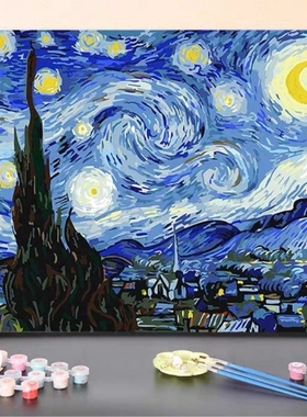 星月夜梵高星空世界名画填充填色diy数字油画风景装饰画猫咪颜料