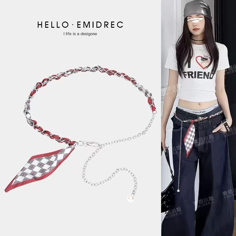 腰间配饰腰带女链条丝带丝巾复古百搭高级感辣妹亚比风腰链皮带红