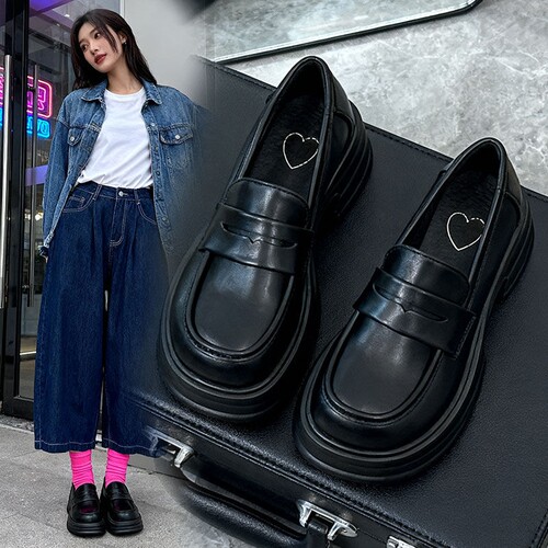 意尔康心选圆头厚底单鞋女2026新款黑色学院风小皮鞋百搭英伦乐福