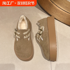休闲勃肯鞋女2024秋冬新款复古加绒加厚乐福棉鞋一脚蹬懒人雪地靴