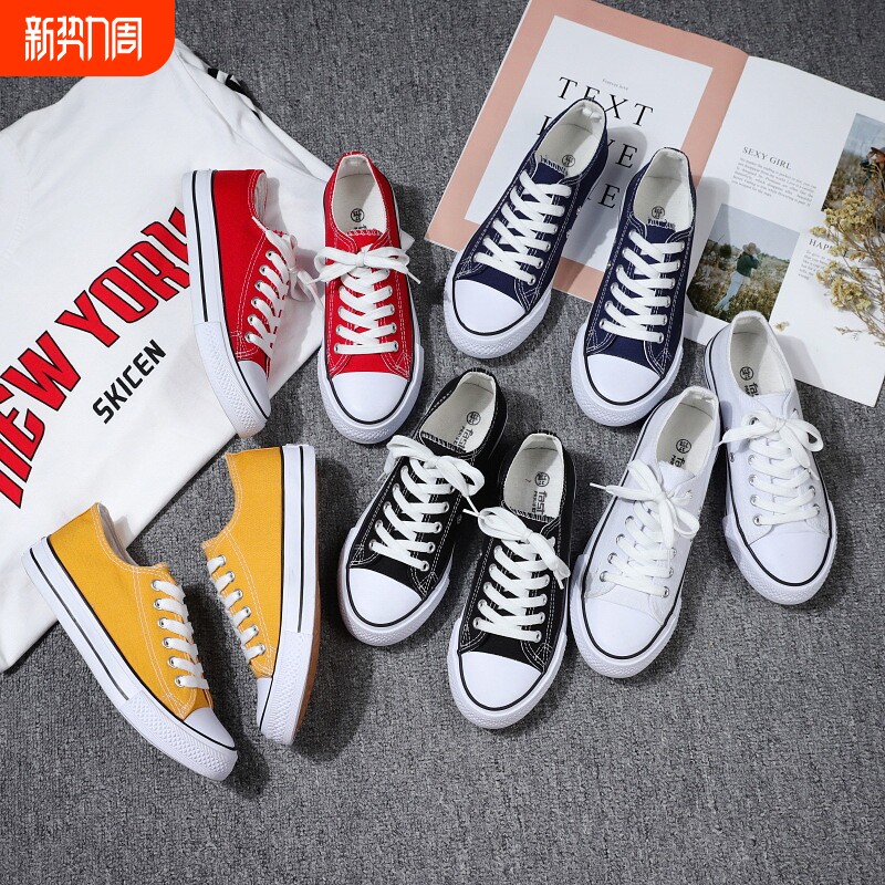 春秋季新款百搭黑色帆布休闲鞋学生鞋低帮女鞋情侣白色红色高帮