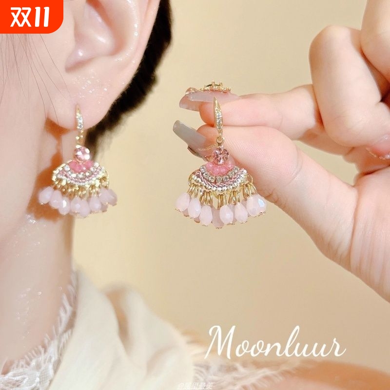 粉色流苏耳钉耳饰气质新款耳饰民族风复古耳坠裙子新国风耳钩耳环