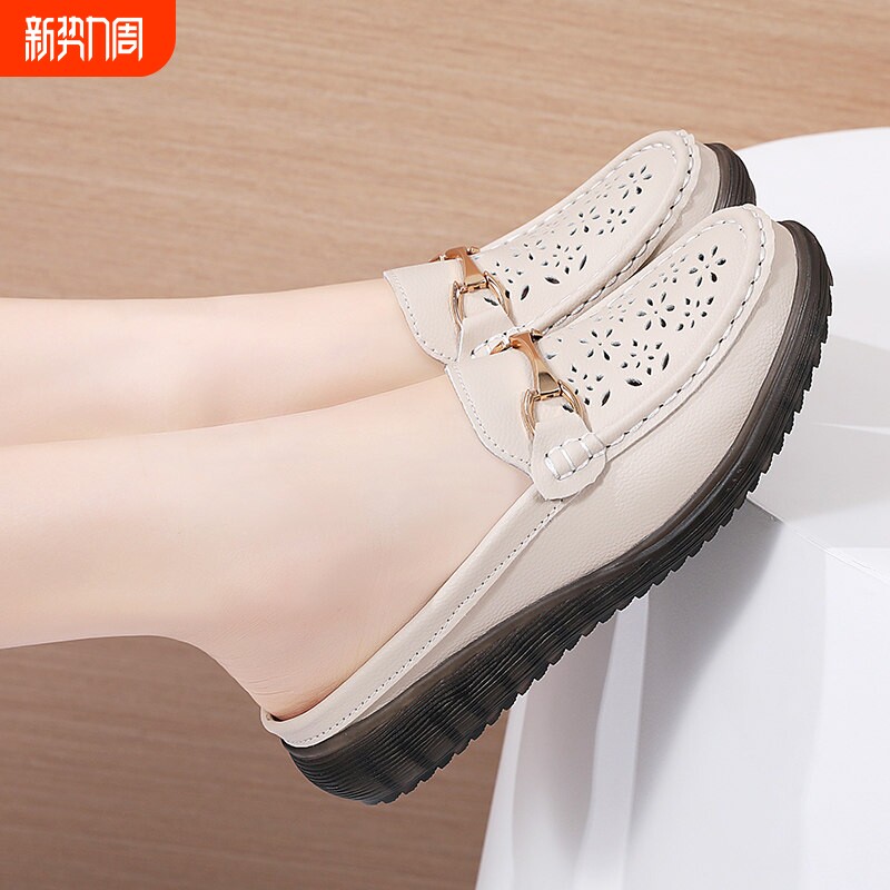 意尔康心选包头半拖鞋女夏季外穿2026新款真皮妈妈凉鞋平底勃肯鞋