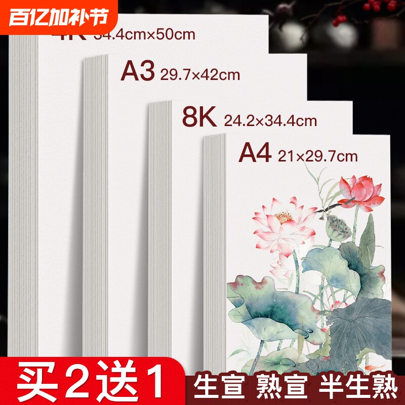 空白宣纸练毛笔字书法国画创作专用作品纸生宣熟宣半生熟加厚宣纸练习纸初学者书画套装书法课美术课用4k宣纸