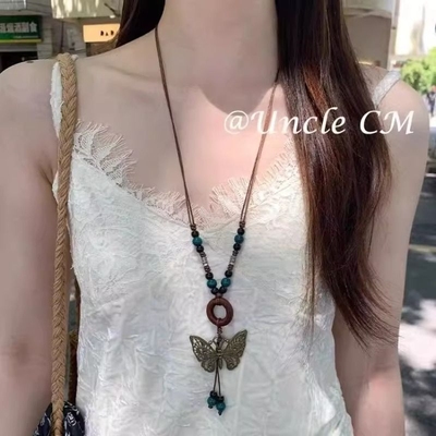 复古民族风蝴蝶项链女新中式长款毛衣链高级感波西米亚风挂脖配饰