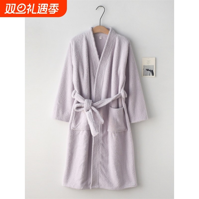 红豆法兰绒情侣睡袍秋冬季加绒加厚保暖长袖纯色女浴袍男士家居服