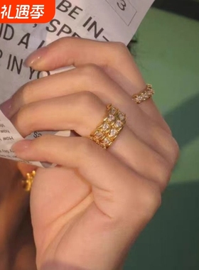 蛇纹合成立方锆戒指女金色轻奢高级感爆闪小众设计夸张食指戒指环