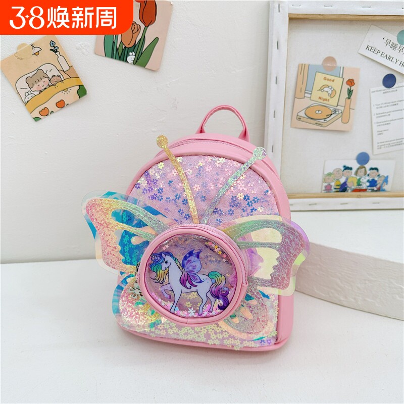 ins独角兽亮片pu公主迷你双肩背包女童时尚可爱蝴蝶结幼儿园书包