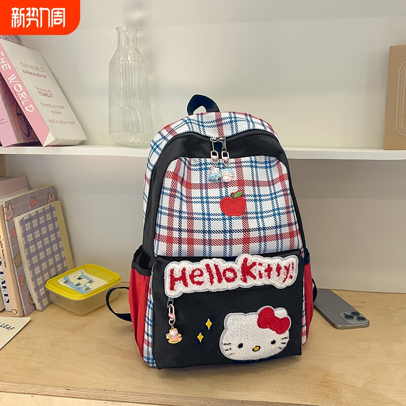 美式复古红格子猫猫骨头星星帆布千禧y2k大容量双肩包学生书包