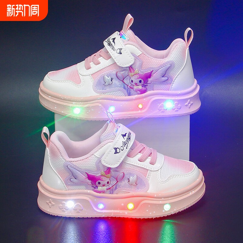 女童发光运动鞋卡通魔术贴亮灯鞋儿童轮滑鞋粉色透气库洛米带灯鞋