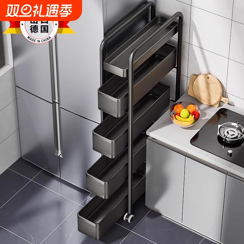 不锈钢极窄隙缝收纳柜厨房夹缝置物架冰箱侧面抽拉柜卫生间小推车