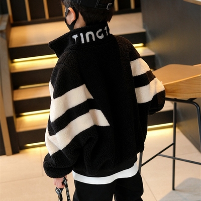 童装冬季男童加绒外套中大童女童一体绒长袖拉链保暖卫衣A261白色