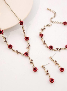 法式少女森系玫瑰耳环 复古浪漫红色花朵手链小众设计感项链套装