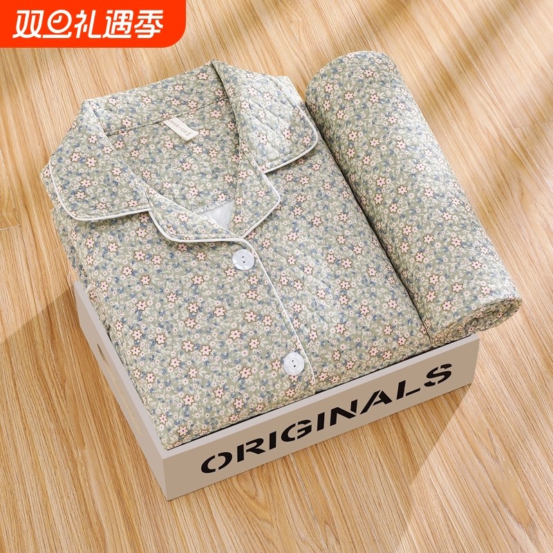 红豆中老年睡衣女秋冬季长袖加厚夹层空气棉薄夹棉妈妈家居服发热