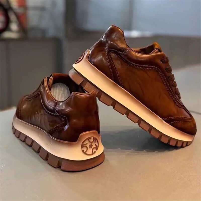 男鞋冬季复古百搭休闲厚底阿甘潮鞋男士高级感真皮运动老爹鞋