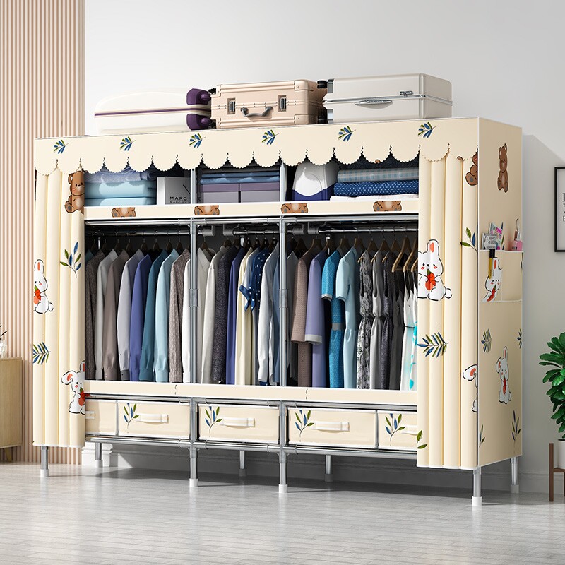 简易衣柜带抽屉家用卧室结实耐用布衣柜加粗加厚全钢架组装加高固