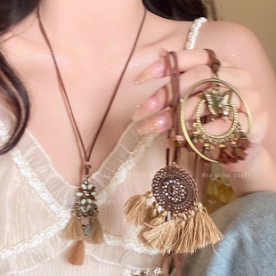 波西米亚咖色复古流苏项链女异域民族风蝴蝶吊坠毛衣链做旧配饰品