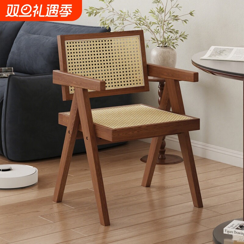 中古实木餐椅家用侘寂风昌迪加尔椅子复古扶手椅靠背餐桌藤编椅子