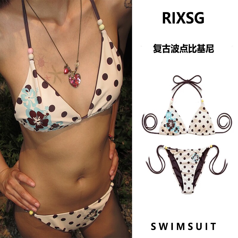 性感圆点印花比基尼新款分体泳衣女欧美系绳吊带三点式泳装