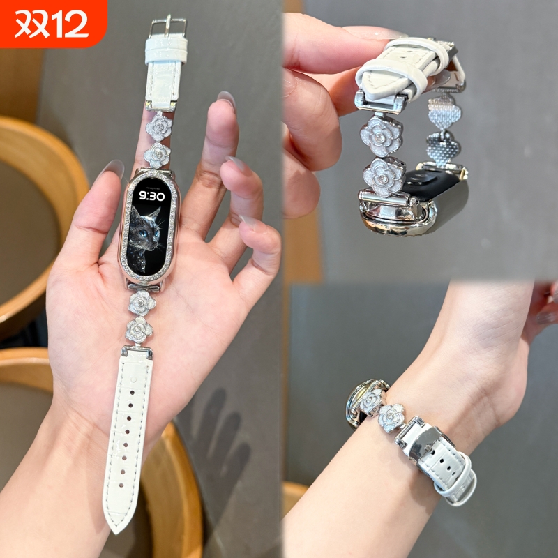 适用小米手环10表带山茶花镶钻轻奢表带9拼竹节纹皮质8女款商务复古风时尚金属扣小米手环替换带透气防汗