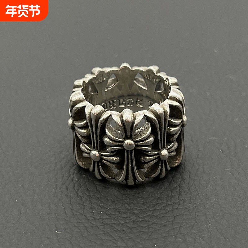 ODEK复古圆墓葬十字架戒指欧美哥特嘻哈指环霸气经典款做旧泰银