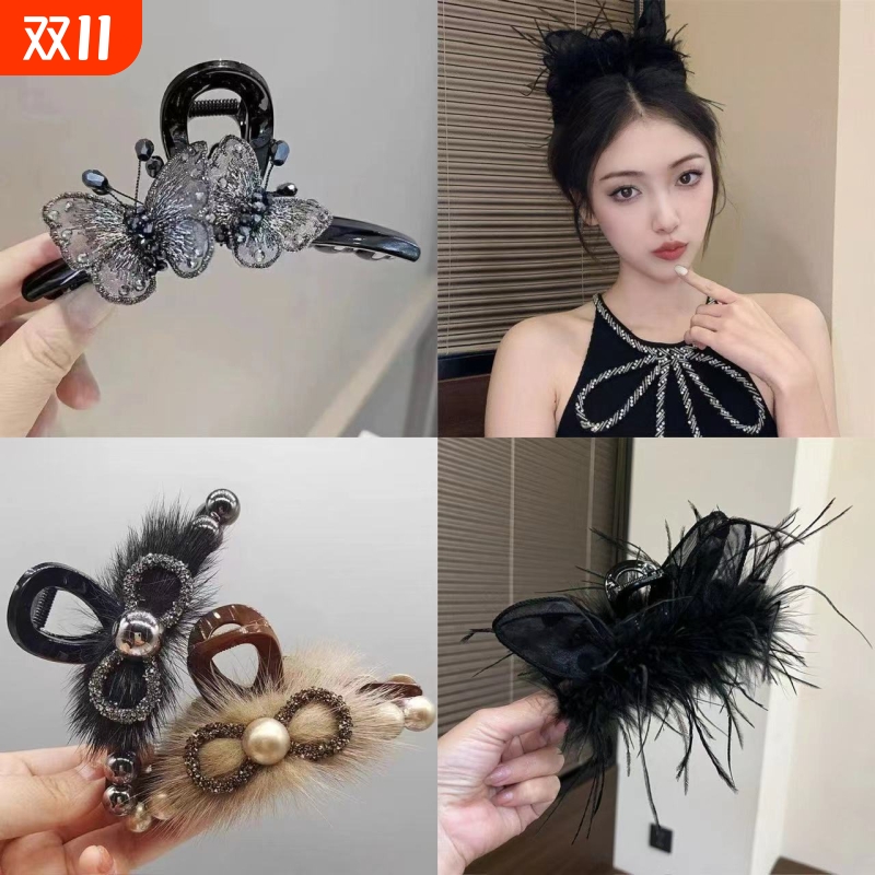 秋冬轻奢毛绒抓夹羽毛发夹猫爪显发量鲨鱼夹子兔耳亮面蝴蝶