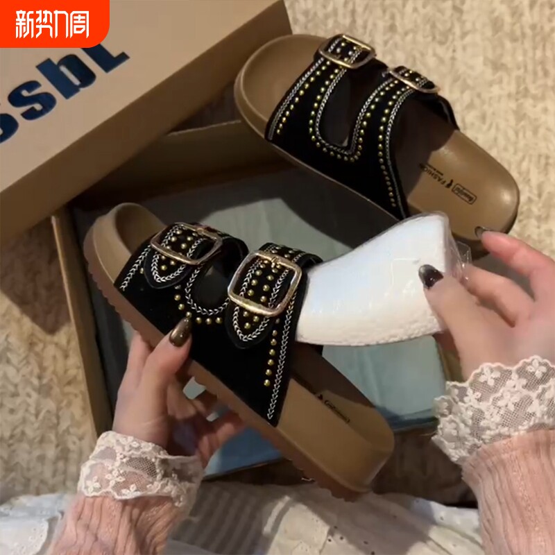 复古舒适铆钉休闲双扣厚底一字拖女2026朋克外穿百搭防滑坡跟拖鞋