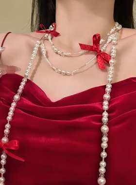 【加缪情书】红色蝴蝶结串珠项链2026新年氛围感锁骨链送女友颈链