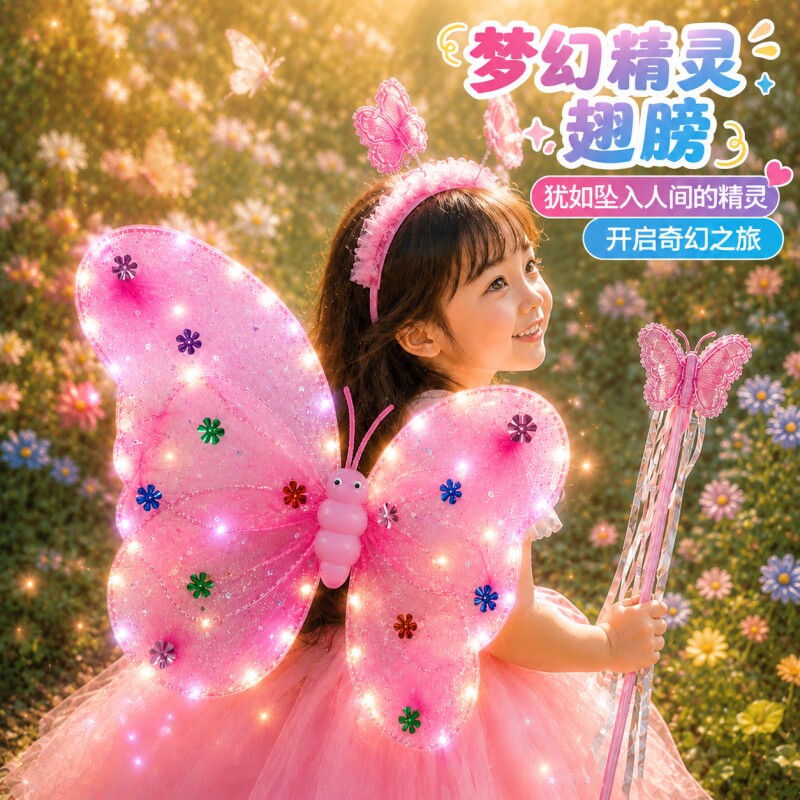 发光蝴蝶翅膀女孩背饰仙女精灵小魔仙魔法棒女童生日礼物玩具电动图片