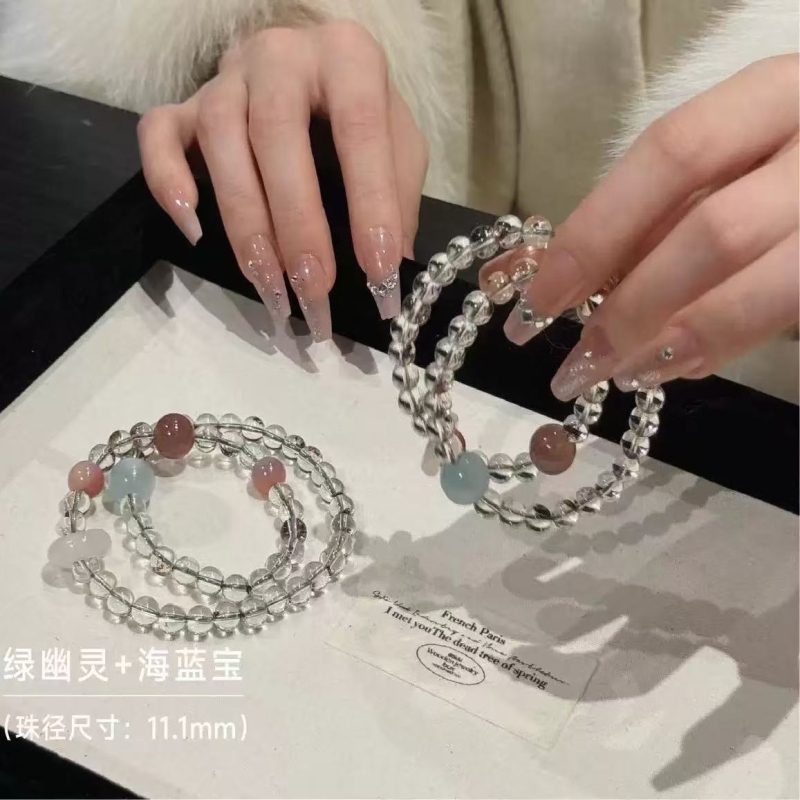 oein天然绿幽灵多宝双圈手串粉水晶绿萤石珠海蓝宝紫塔晶水晶手链