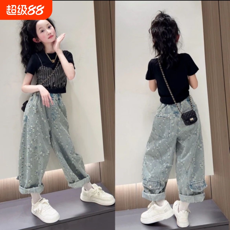 女童夏季套装2025大童女短袖时髦新款个性牛仔裤时髦炸街两件套潮