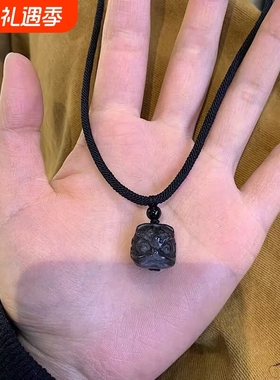 黑曜石雕刻小醒狮情侣项链男女吊坠儿童礼物蝴蝶爱心双层貔貅镀金