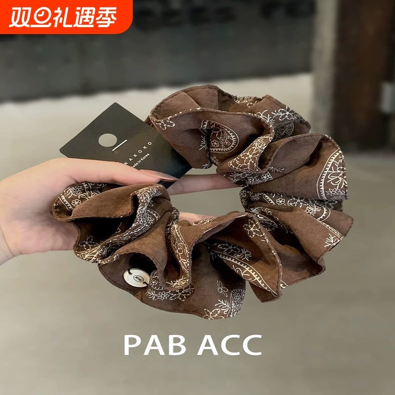 韩国复古高级感腰果花双层布艺褶皱发圈丸子头显发量少低马尾头绳