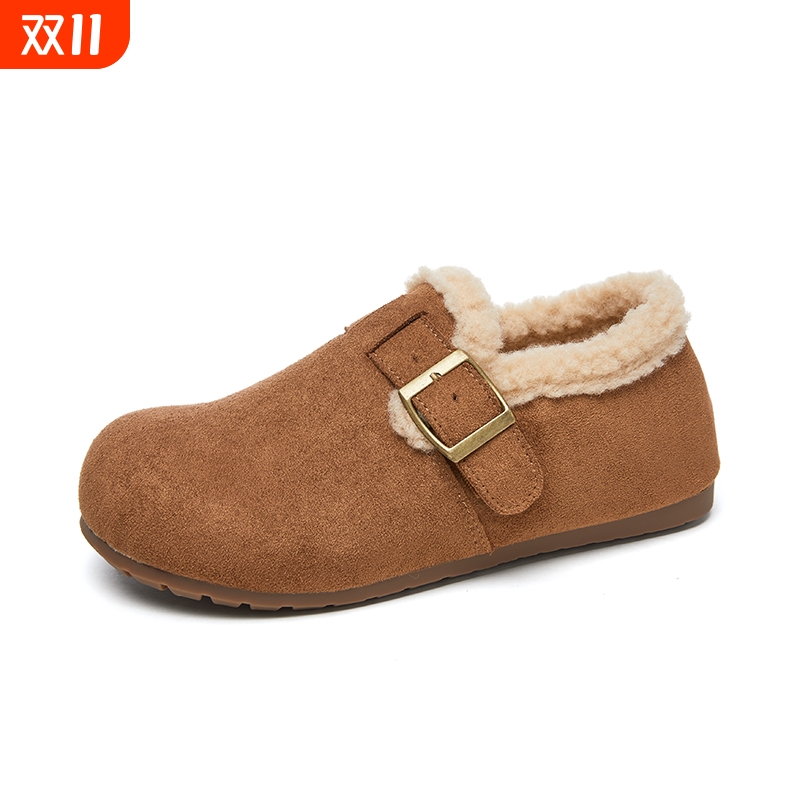 女2025新款冬季女士加绒保暖棉鞋女厚底毛毛鞋女软底百搭棕色牛皮