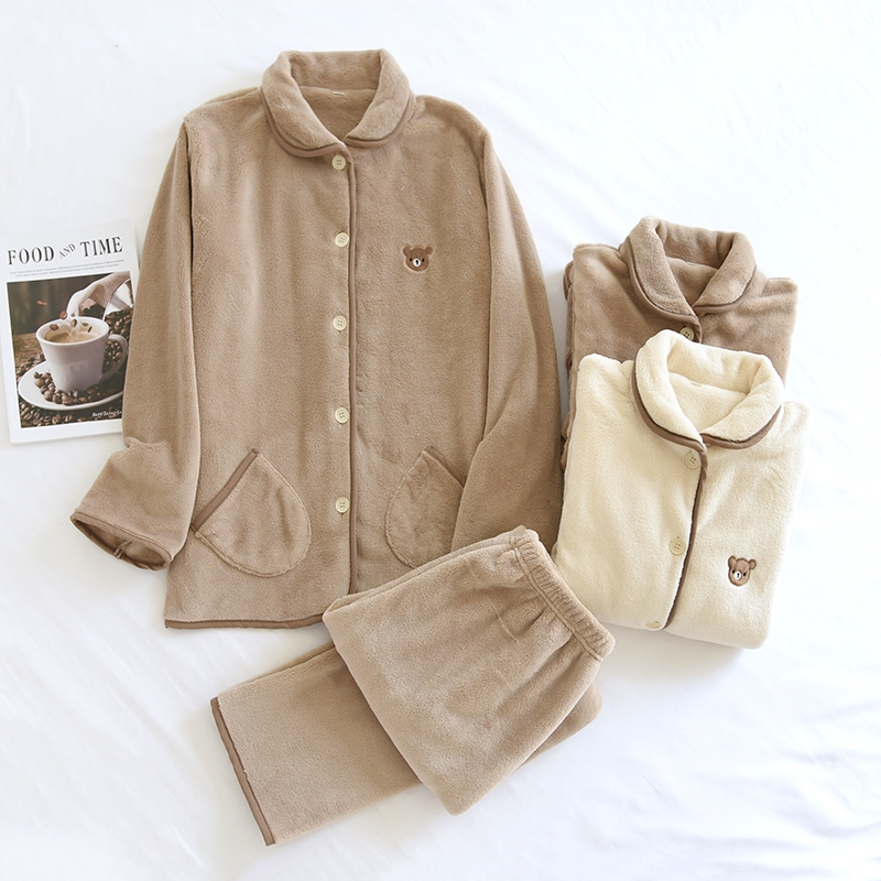 情侣珊瑚绒睡衣男女秋冬季加绒加厚长袖纯色保暖法兰绒家居服套装