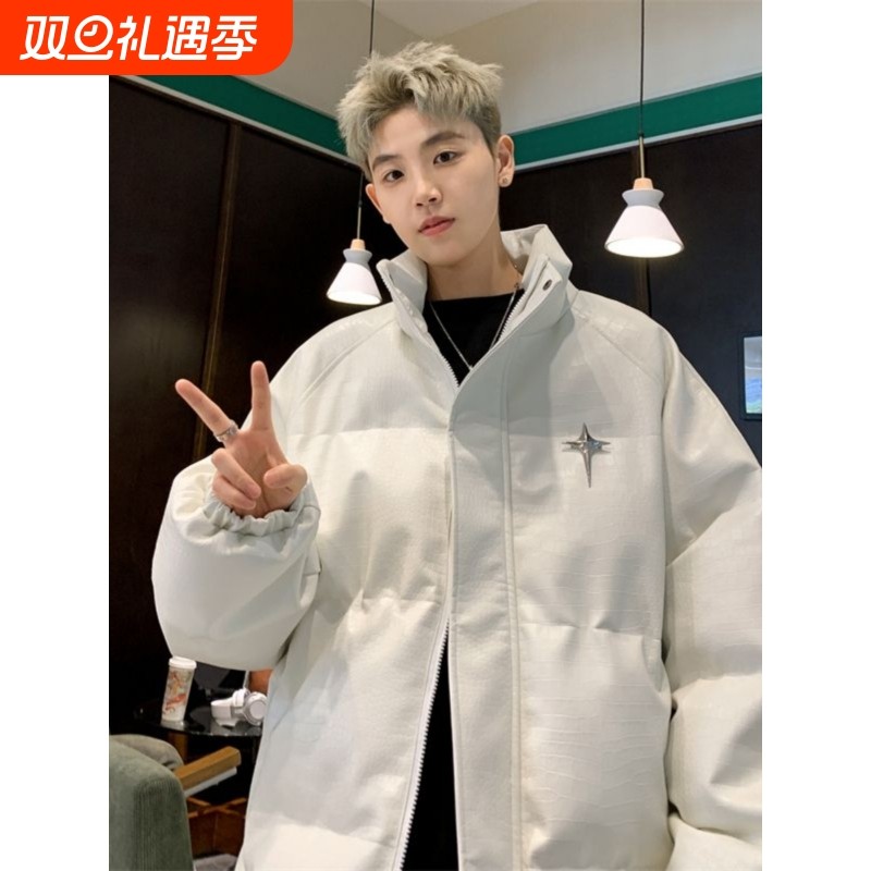 户外美式潮牌pu皮羽绒服男款冬季立领棉服外套宽松加厚保暖面包服