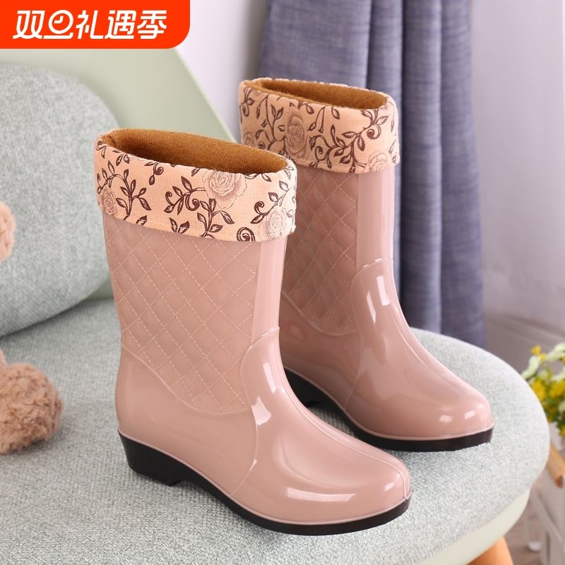 雨鞋女士中筒厚底防滑加棉雨靴胶鞋厨房耐磨保暖秋冬水靴水鞋女