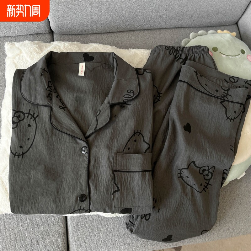 红豆黑灰色猫咪睡衣女款春秋夏季云朵纯棉纱布长袖可爱少女家居服