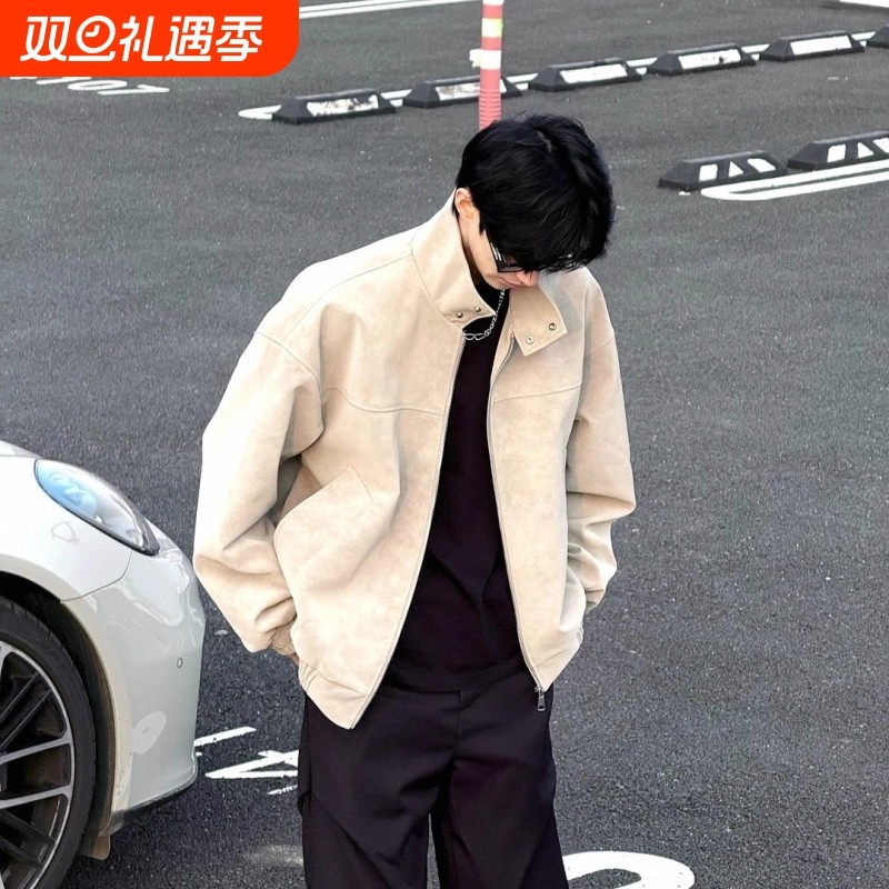 美式复古扎染PU皮夹克男高级感立领机车外套春秋痞帅情侣潮流上衣