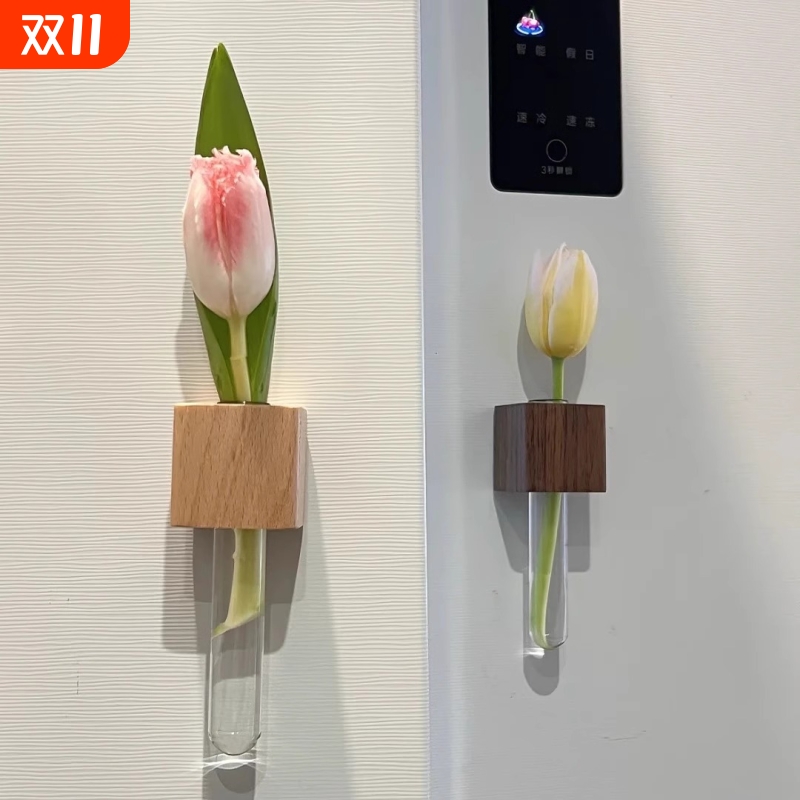 实木插花器创意试管冰箱贴磁贴留言固定磁力贴水培植物花瓶胡桃木