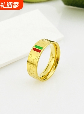 V金镀咪金古家红绿杠戒指玫瑰金指环男女情侣对戒尾戒食指饰品欧