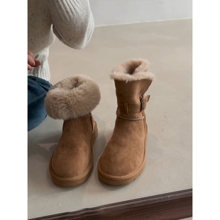 羊皮版 时髦百搭厚底雪地靴女复古绒面皮带扣两穿厚绒保暖棉靴子
