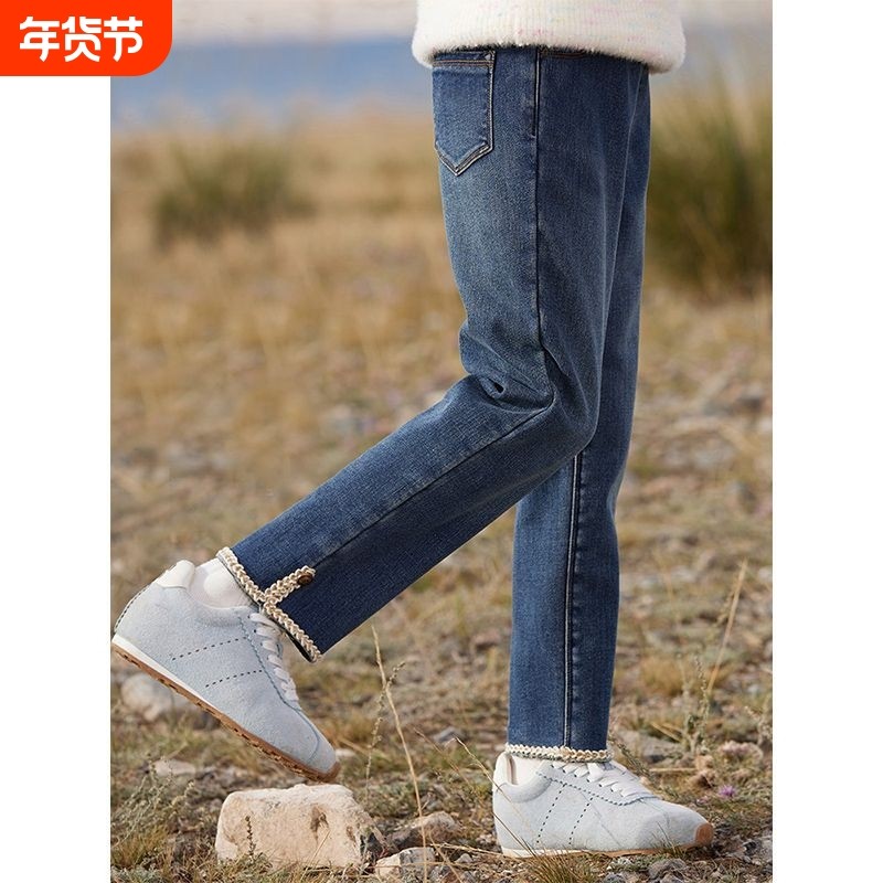 女童装春秋洋气花边牛仔裤中大童冬季休闲加绒一体绒直筒裤松紧腰,童装/婴儿装/亲子装,儿童牛仔裤,淘宝优惠券,粉丝福利购,淘宝优惠卷