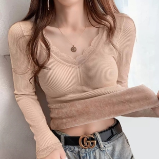 加绒加厚保暖内衣女2026秋冬新款带胸垫蕾丝边V领发热上衣打底衫