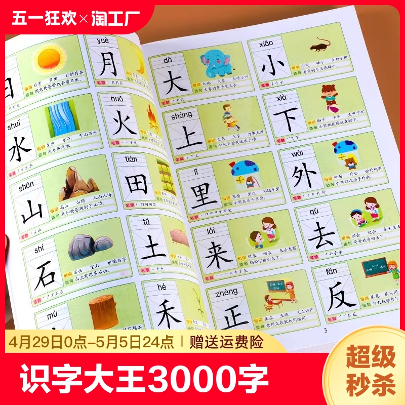 儿童识字大王3000字会说话的汉字启蒙早教书籍幼儿园宝宝小学生一年级学前认字用书教材教具卡片幼儿幼小衔接看图识字书有声伴读 书籍/杂志/报纸 启蒙认知书/黑白卡/识字卡 原图主图