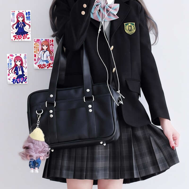 风格邮差包形单肩手提包学院风通勤女包JK制服风PU斜挎包黑色铆钉