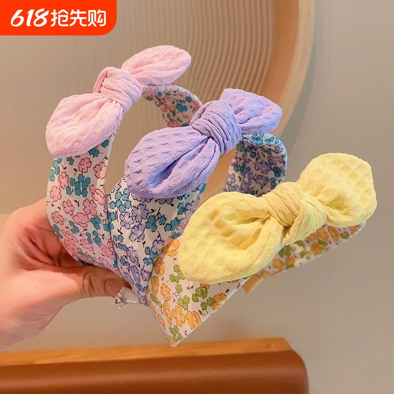 韩国儿童宝宝蝴蝶结碎花发箍女童可爱兔耳朵头箍女孩发卡紫色粉色
