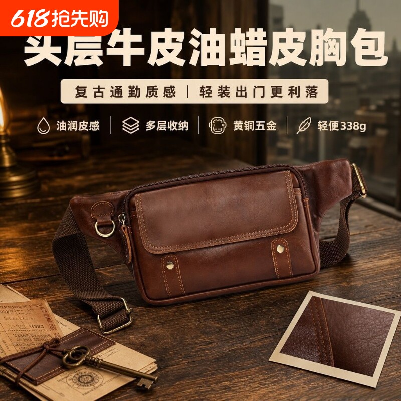头层牛皮腰包男包真皮胸包斜挎手机包多功能时尚百搭简约通勤