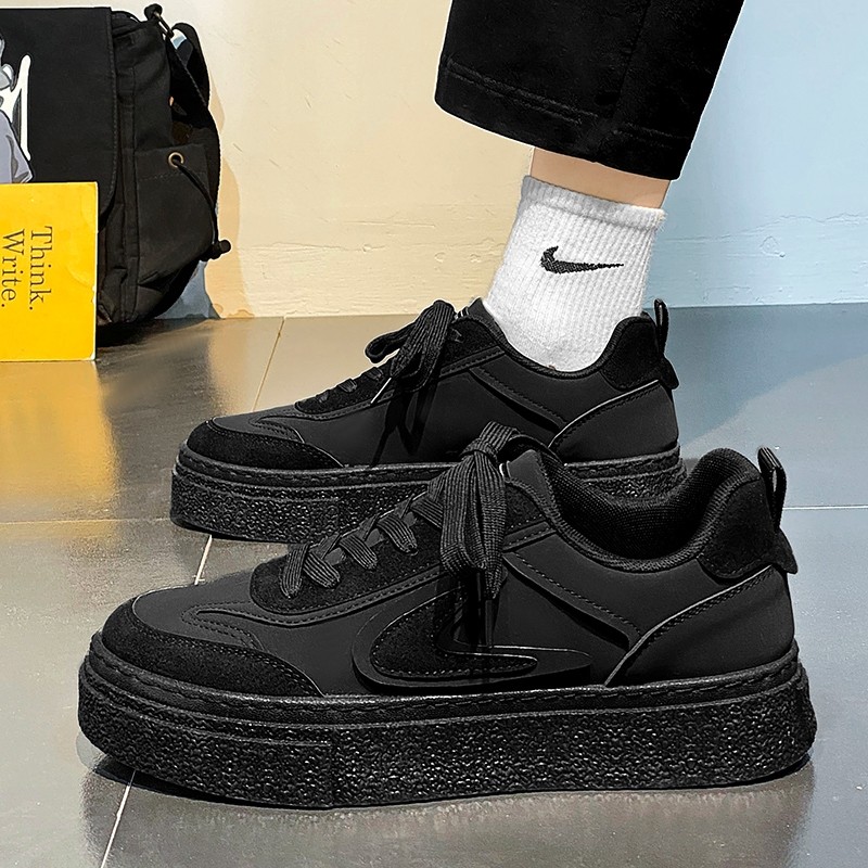 黑色男鞋2025新款秋季百搭板鞋厚底运动休闲工作潮鞋冬季防滑耐磨