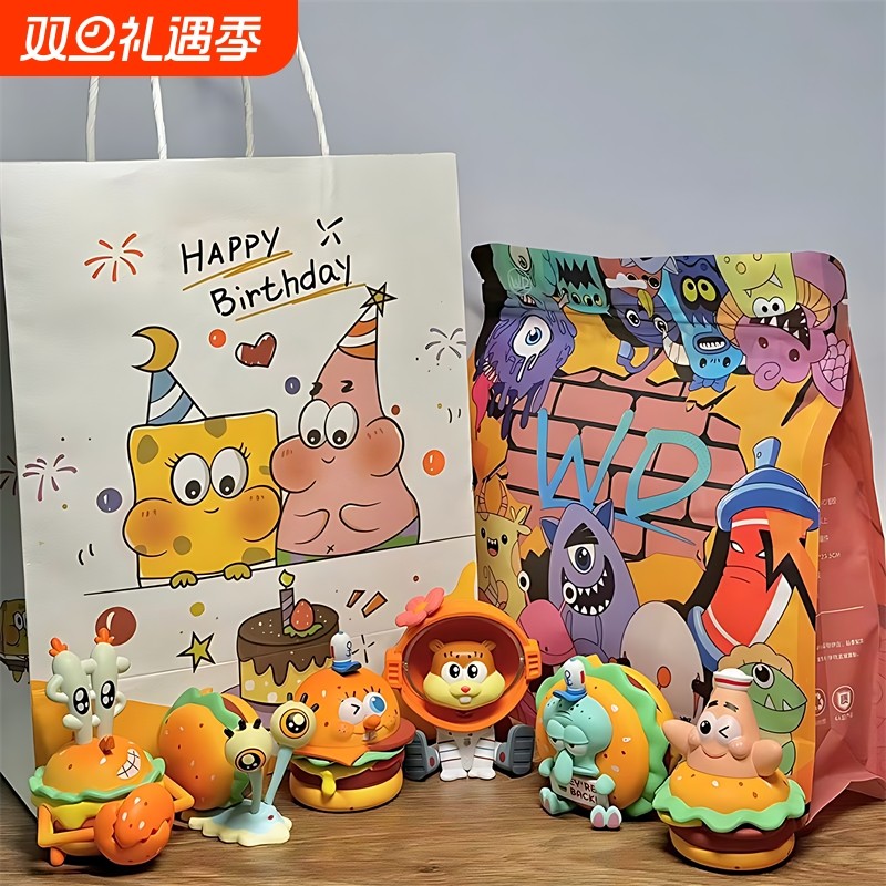 卡通海绵宝宝6款汉堡系列派大星章鱼哥手办潮玩车载网红摆件礼物